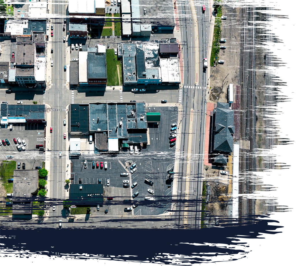 Aerial view of downtown Staples and its rail corridor